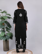 iKRABIB Women's Chikankari Kurti Palazzo Set, Black with White Floral Design, 3/4 Sleeves