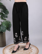 iKRABIB Women's Chikankari Kurti Palazzo Set, Black with White Floral Design, 3/4 Sleeves