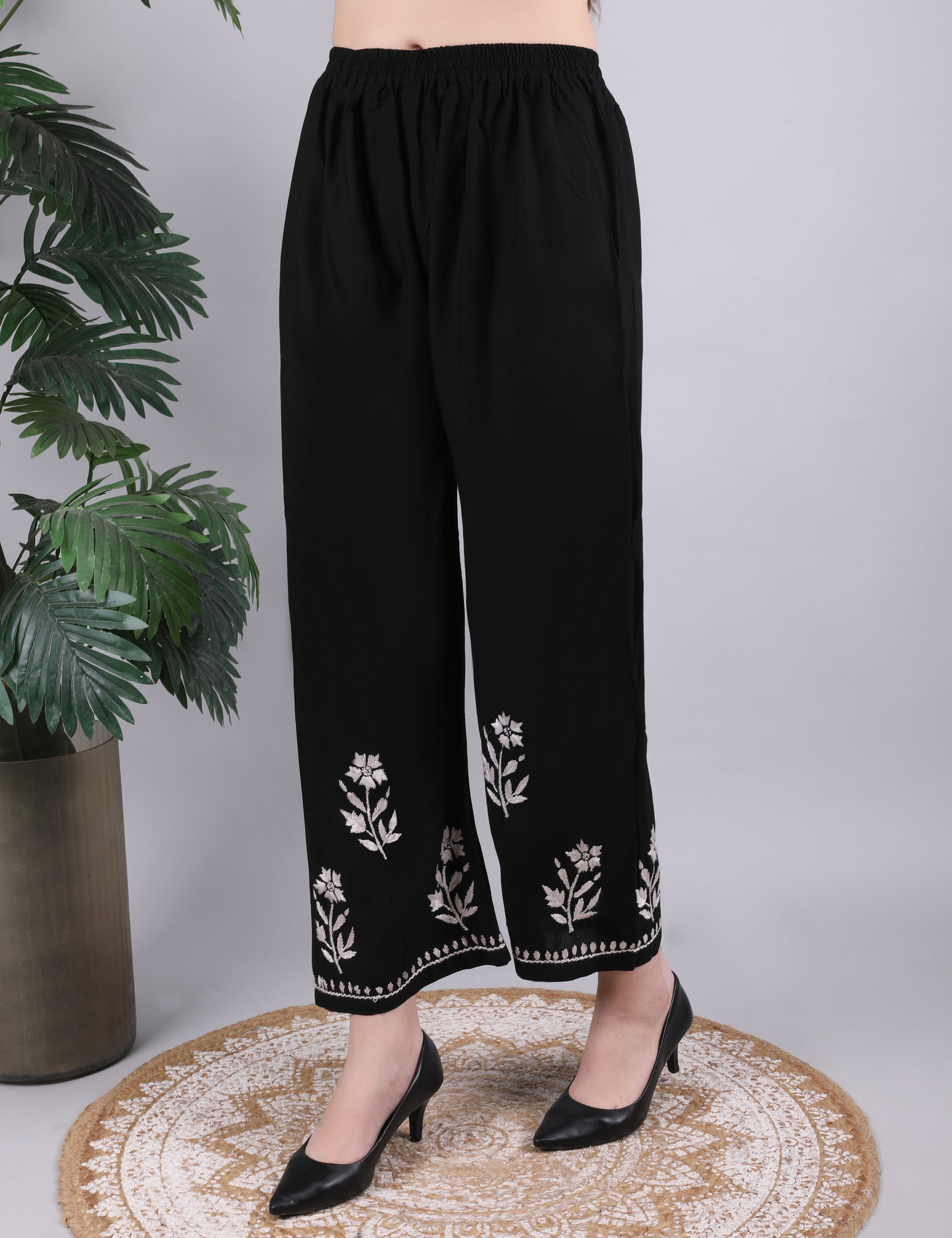 iKRABIB Women's Chikankari Kurti Palazzo Set, Black with White Floral Design, 3/4 Sleeves