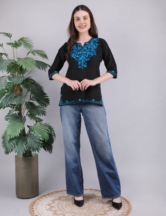 Women Cotton Kashmiri Embriodered Short Regular Fit Kurti