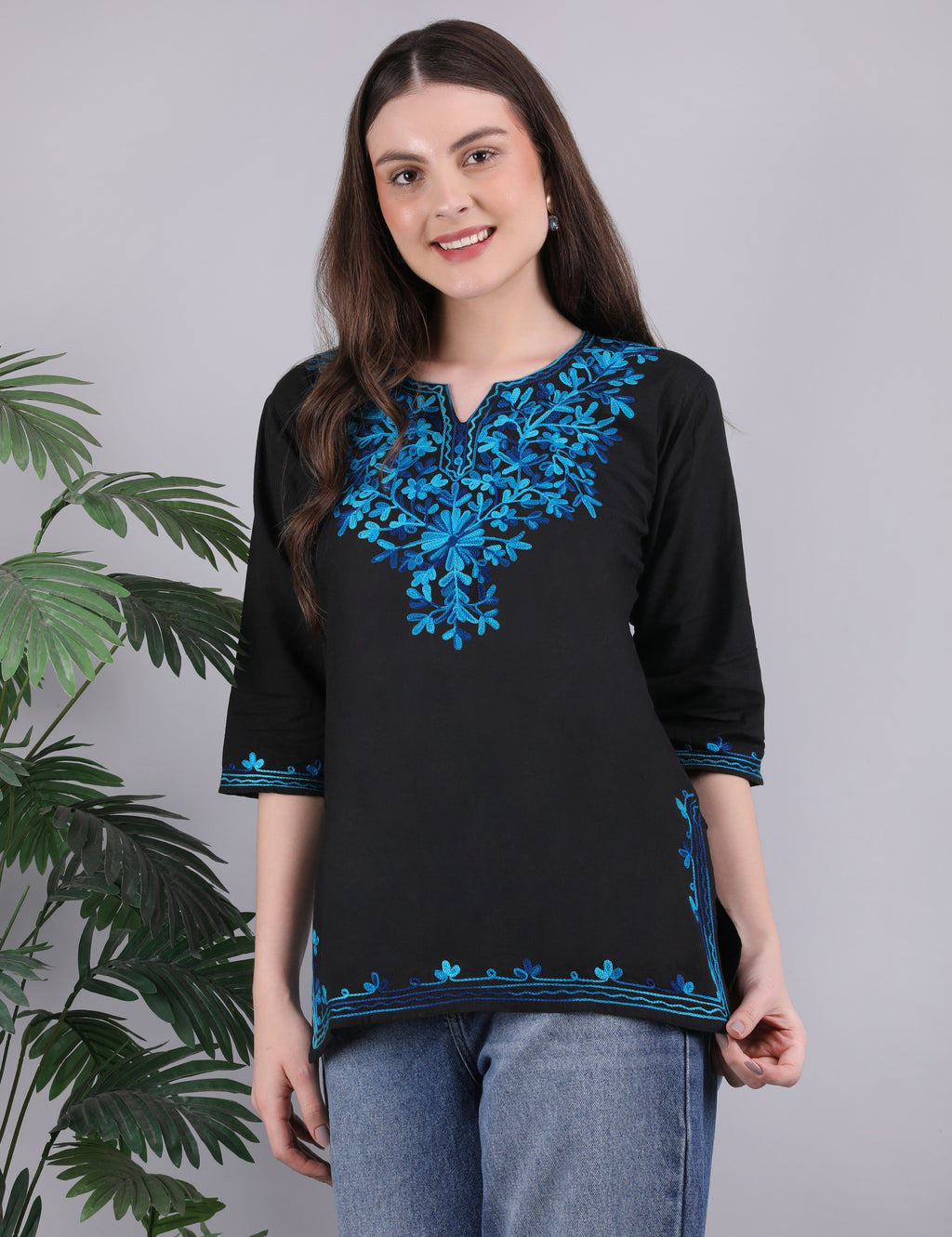 Women Cotton Kashmiri Embriodered Short Regular Fit Kurti