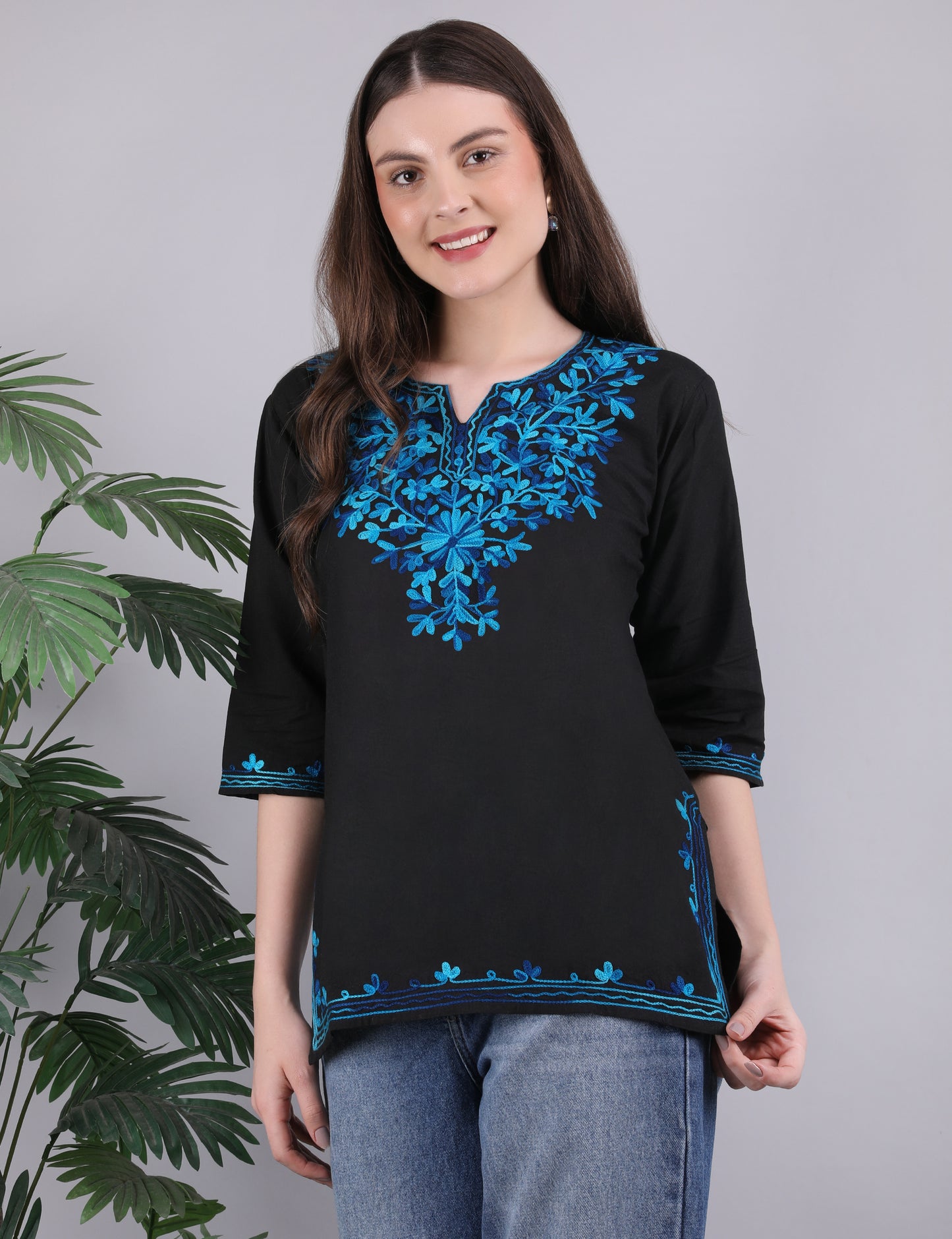 Women Cotton Kashmiri Embriodered Short Regular Fit Kurti