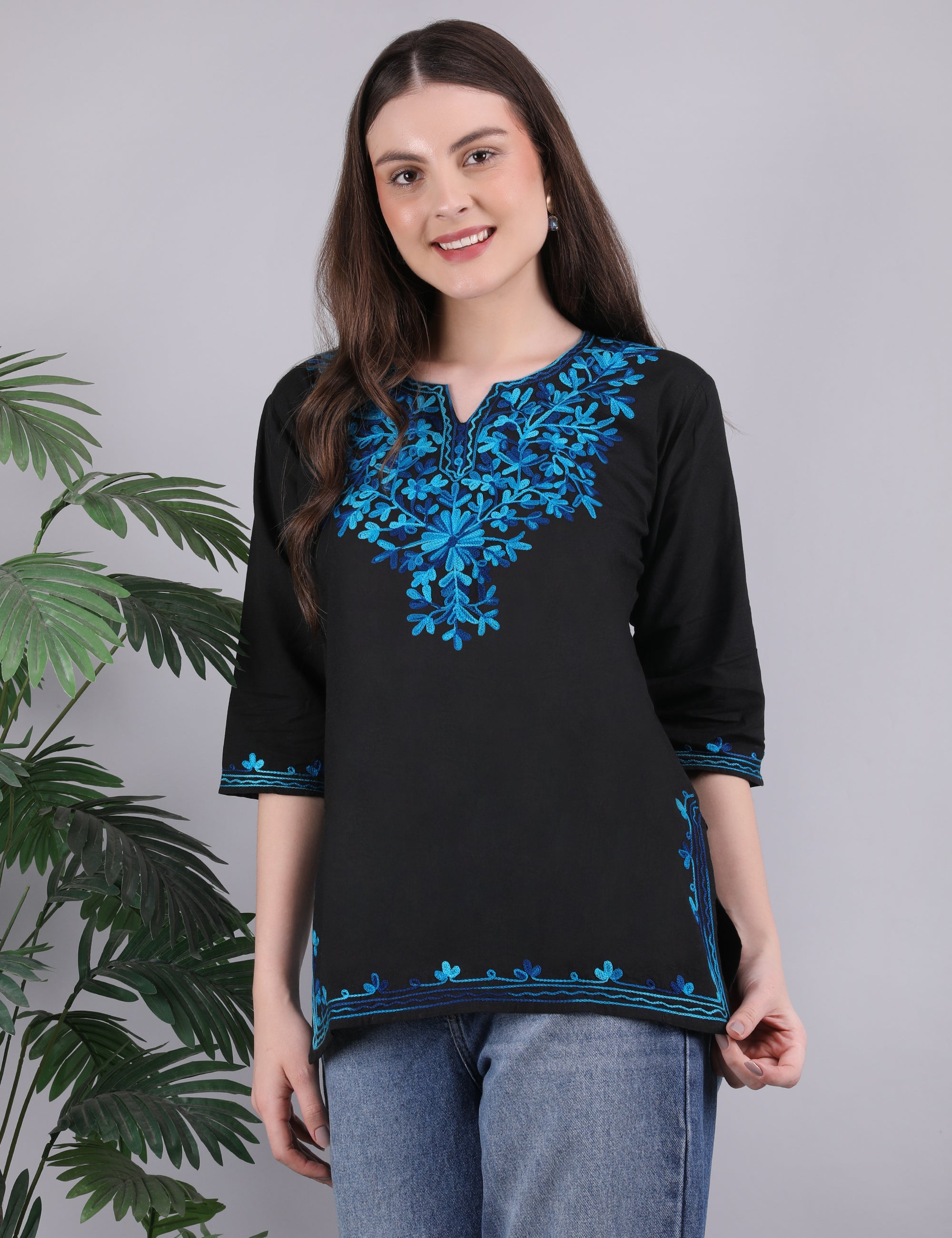 Women Cotton Kashmiri Embriodered Short Regular Fit Kurti