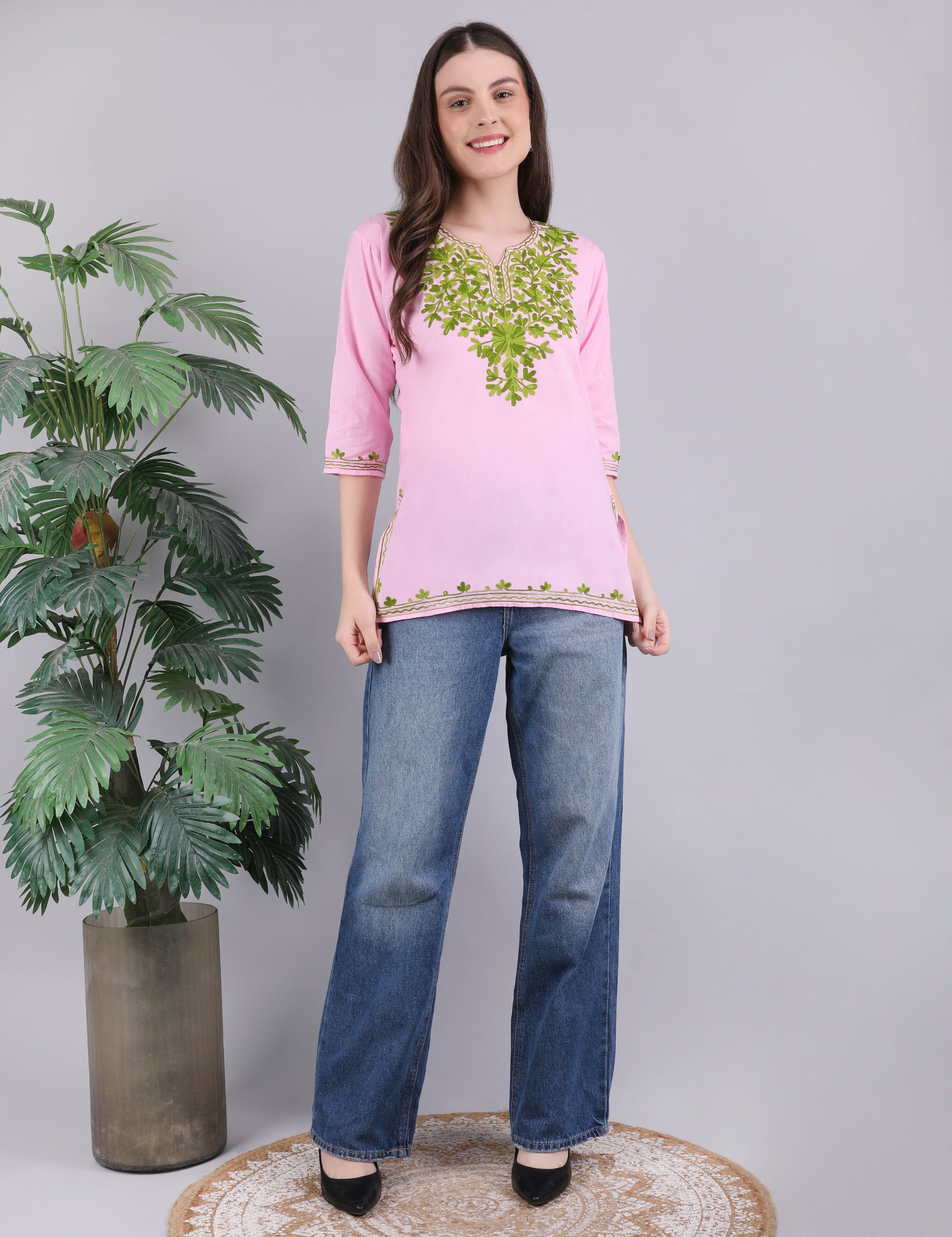 Women Cotton Kashmiri Embriodered Short Regular Fit Kurti