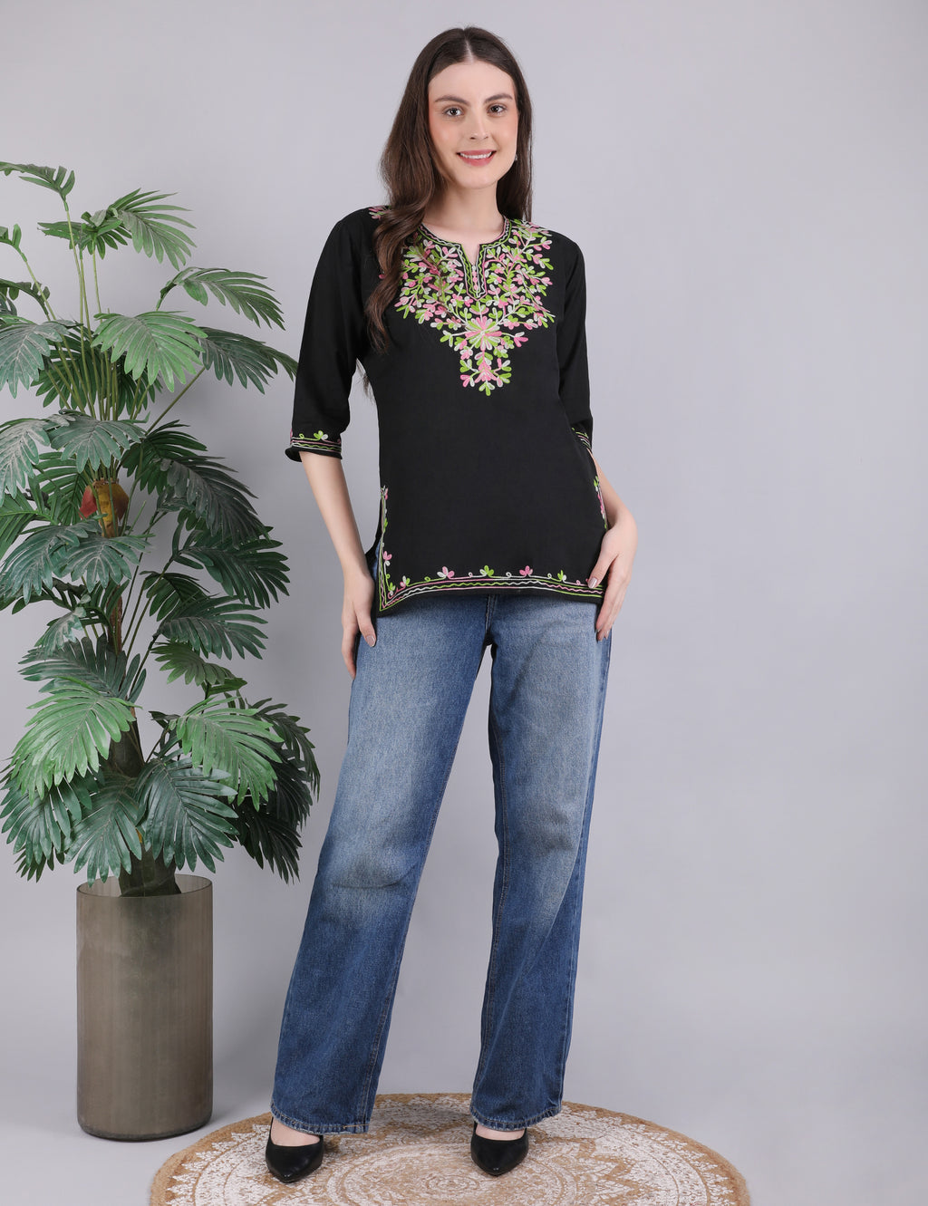 Women Cotton Kashmiri Embriodered Short Regular Fit Kurti