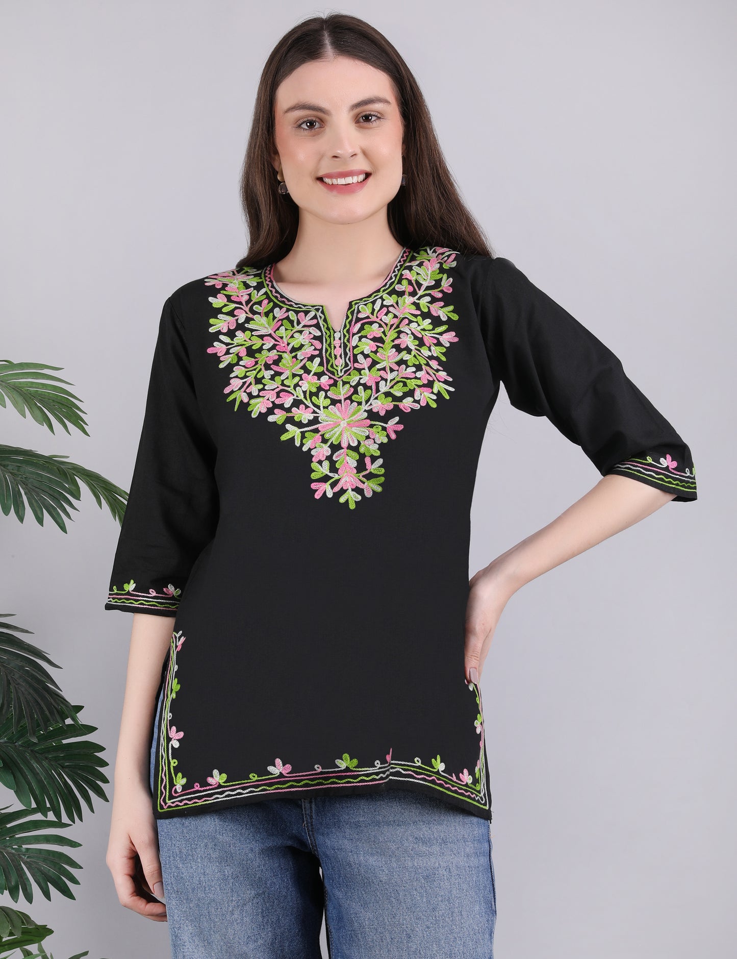 Women Cotton Kashmiri Embriodered Short Regular Fit Kurti