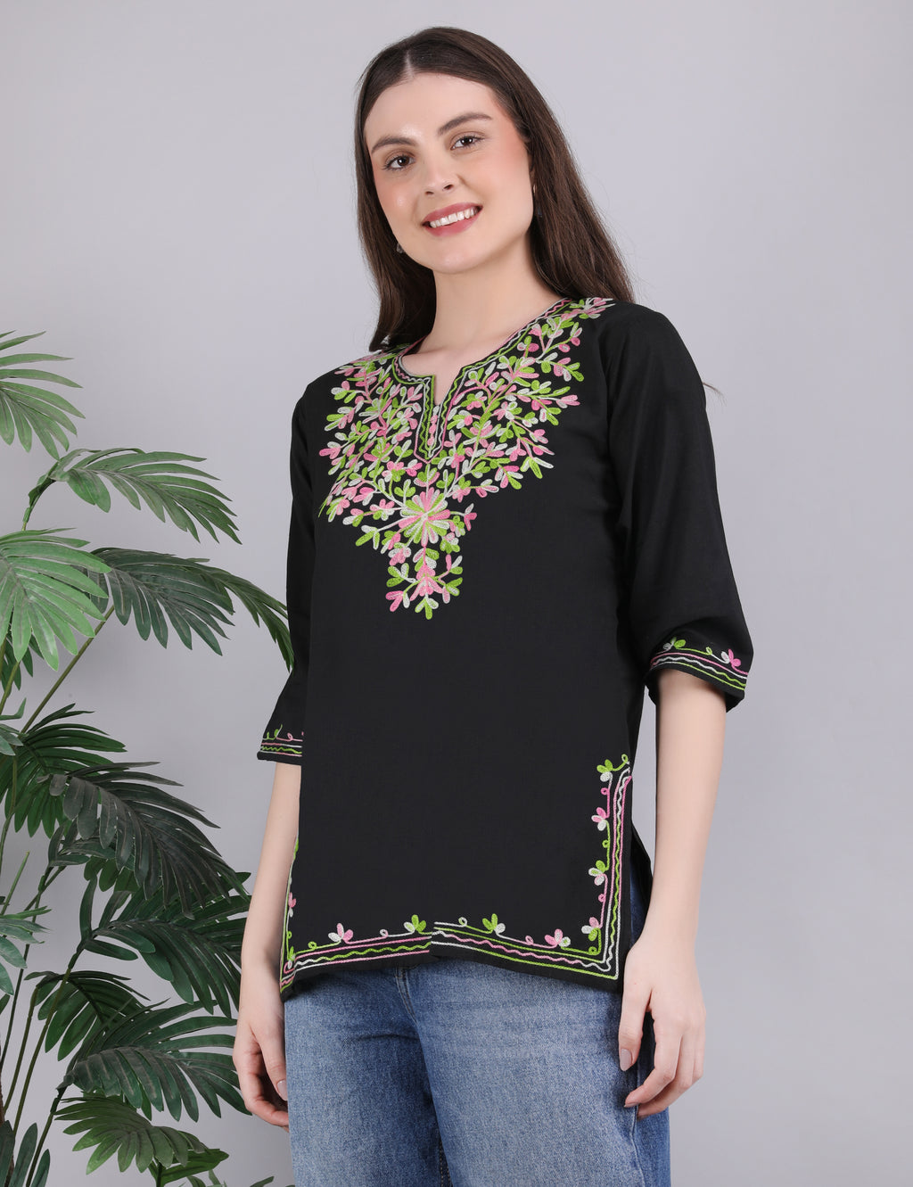 Women Cotton Kashmiri Embriodered Short Regular Fit Kurti