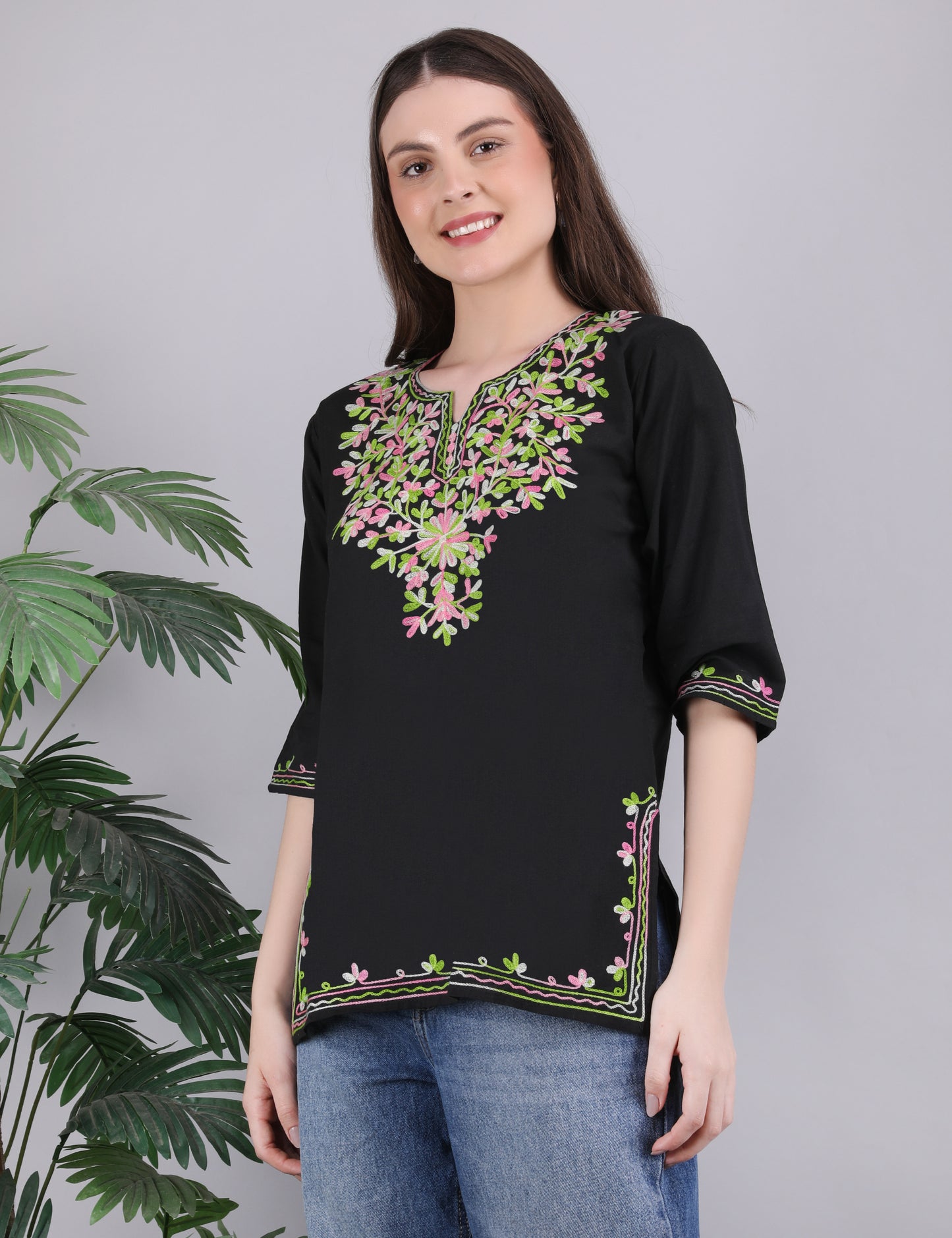Women Cotton Kashmiri Embriodered Short Regular Fit Kurti