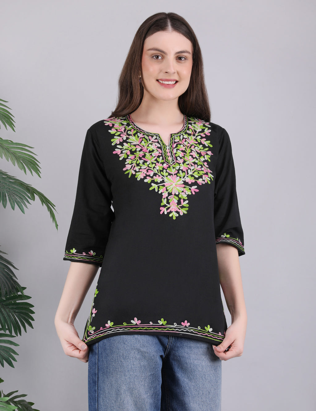Women Cotton Kashmiri Embriodered Short Regular Fit Kurti