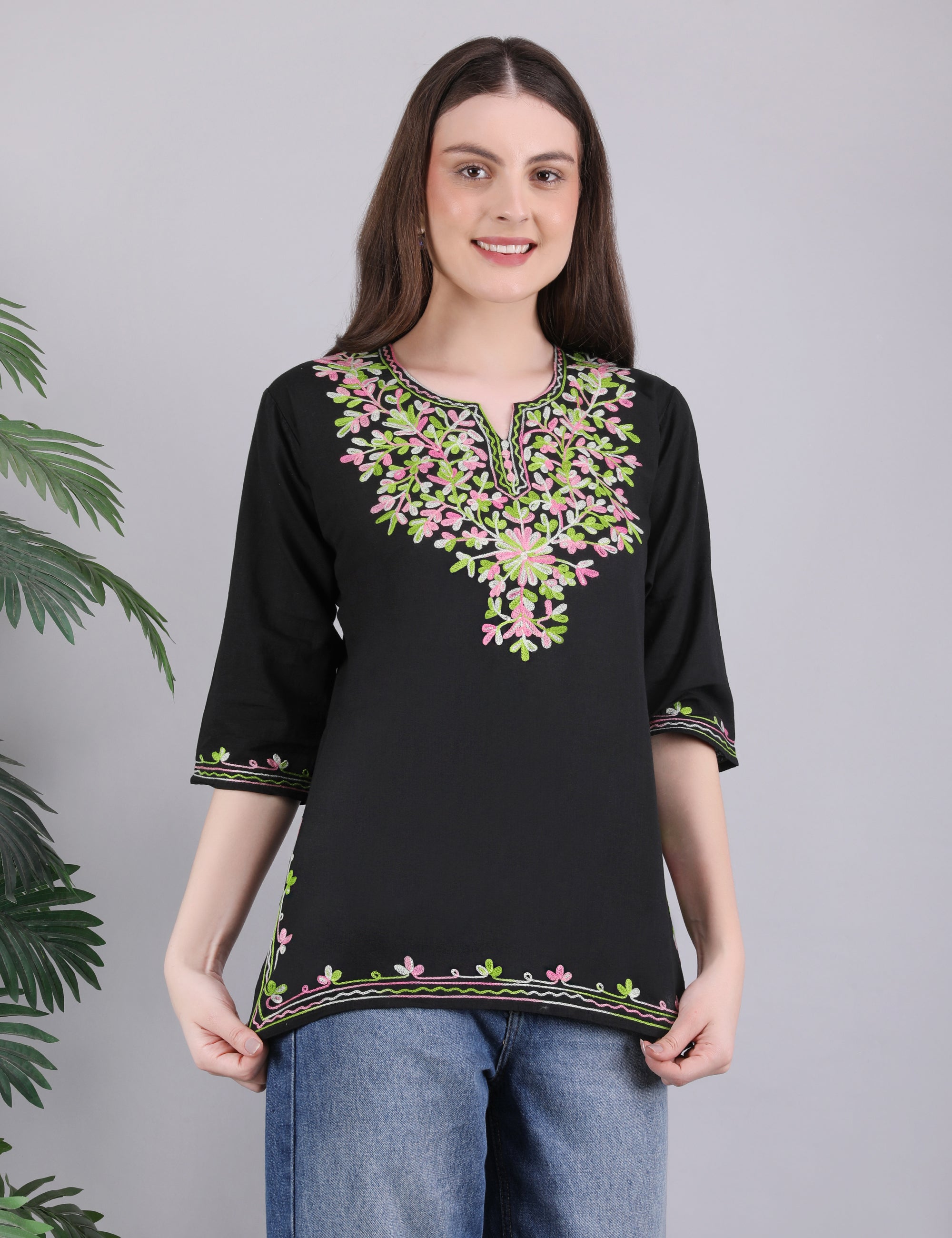 Women Cotton Kashmiri Embriodered Short Regular Fit Kurti