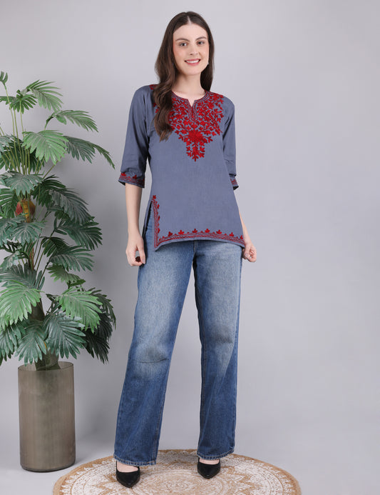 Women Cotton Kashmiri Embriodered Short Regular Fit Kurti