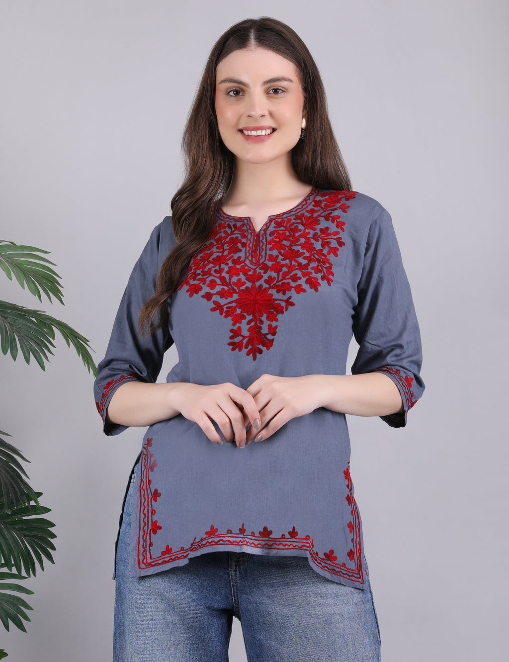 Women Cotton Kashmiri Embriodered Short Regular Fit Kurti