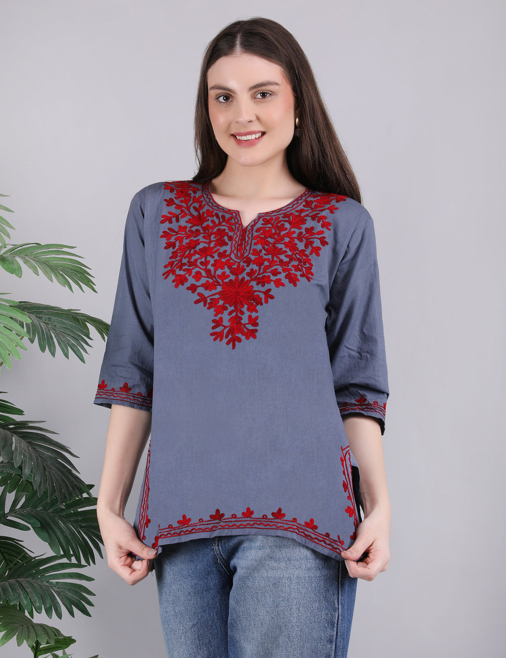 Women Cotton Kashmiri Embriodered Short Regular Fit Kurti