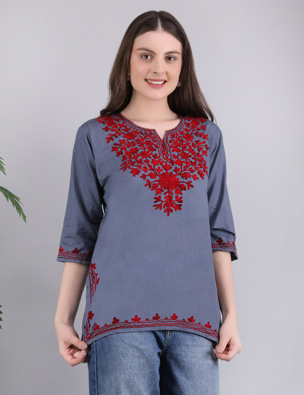 Women Cotton Kashmiri Embriodered Short Regular Fit Kurti
