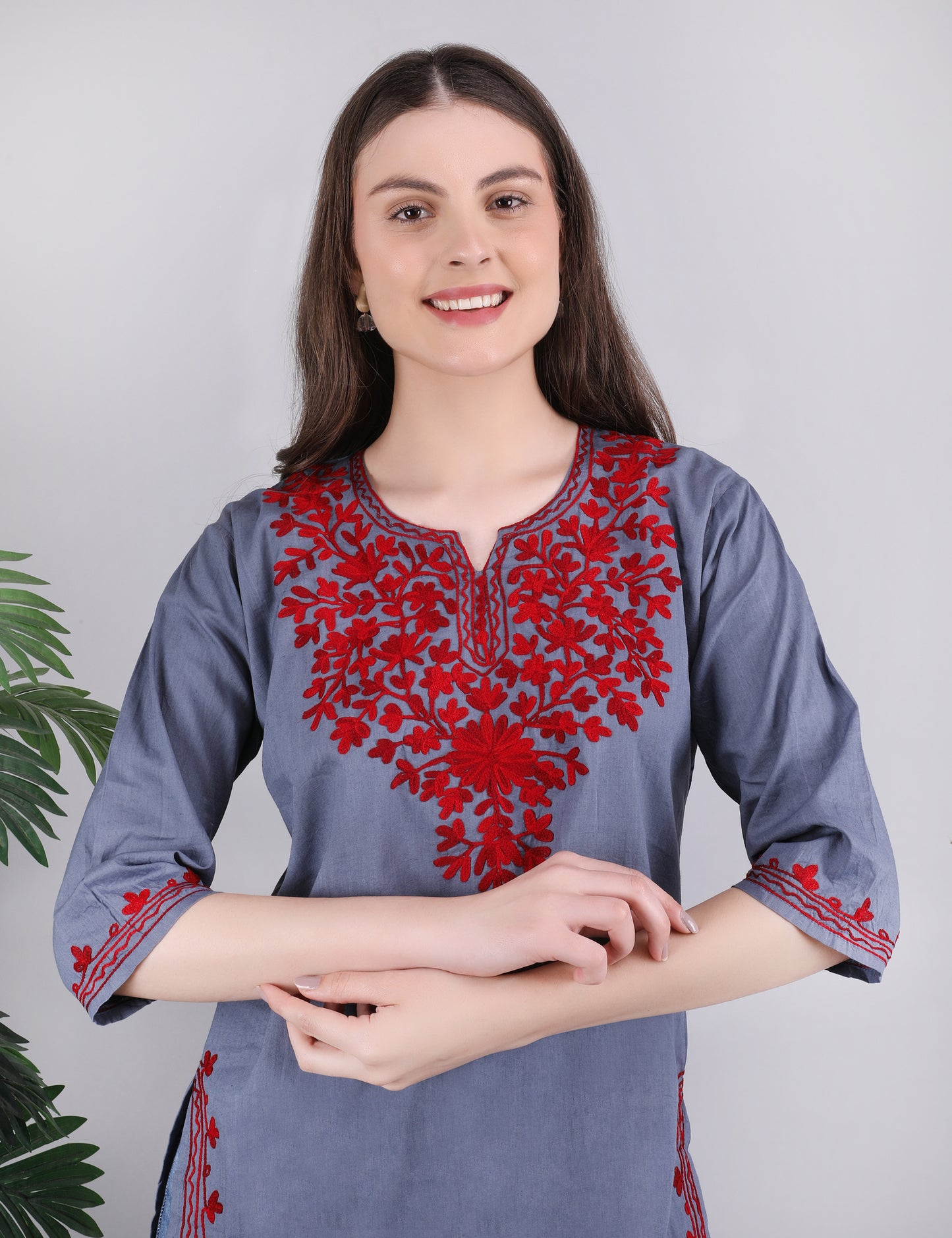 Women Cotton Kashmiri Embriodered Short Regular Fit Kurti