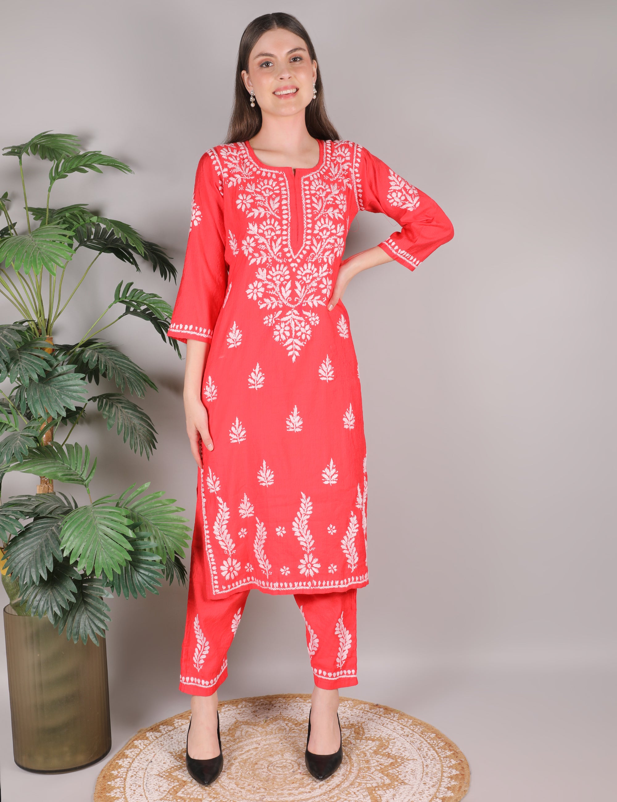 iKRABIB Women's Chikankari Kurti Palazzo Set, Pink with White Floral Design, 3/4 Sleeves