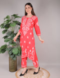 iKRABIB Women's Chikankari Kurti Palazzo Set, Pink with White Floral Design, 3/4 Sleeves