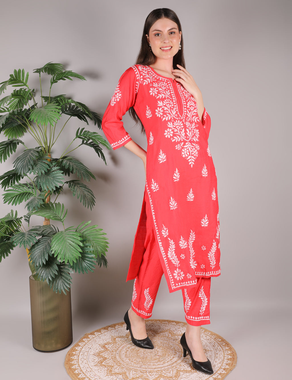 iKRABIB Women's Chikankari Kurti Palazzo Set, Pink with White Floral Design, 3/4 Sleeves