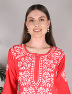 iKRABIB Women's Chikankari Kurti Palazzo Set, Pink with White Floral Design, 3/4 Sleeves