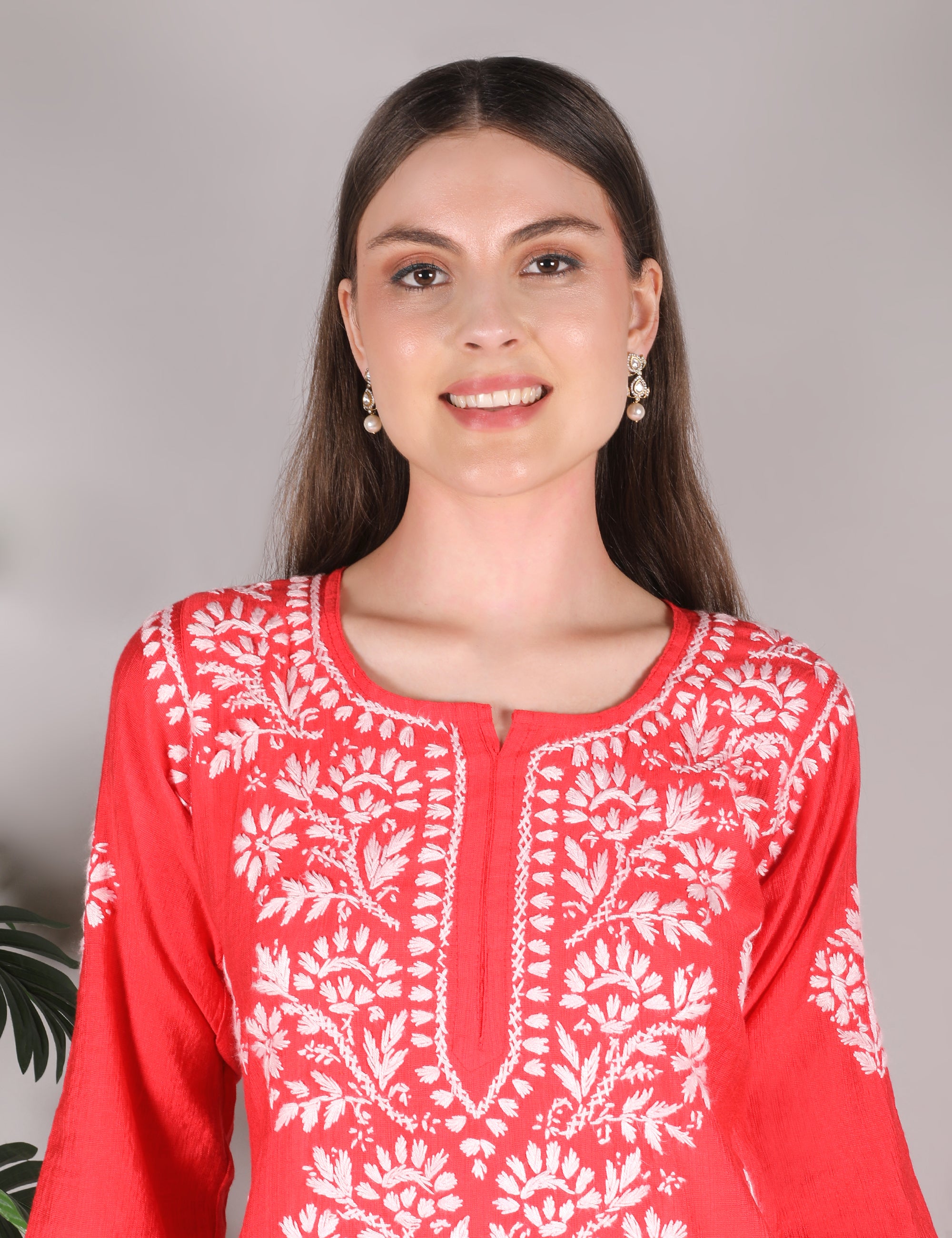 iKRABIB Women's Chikankari Kurti Palazzo Set, Pink with White Floral Design, 3/4 Sleeves