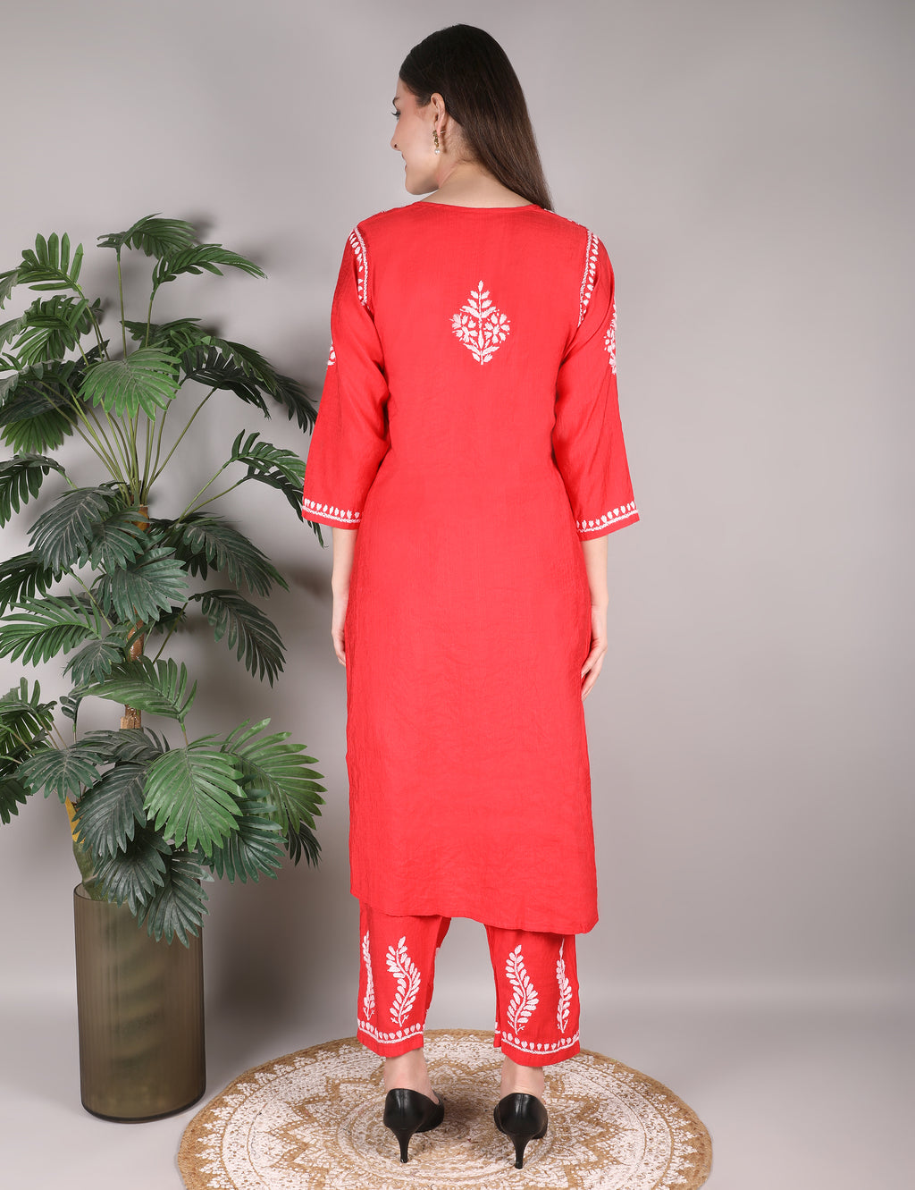 iKRABIB Women's Chikankari Kurti Palazzo Set, Pink with White Floral Design, 3/4 Sleeves