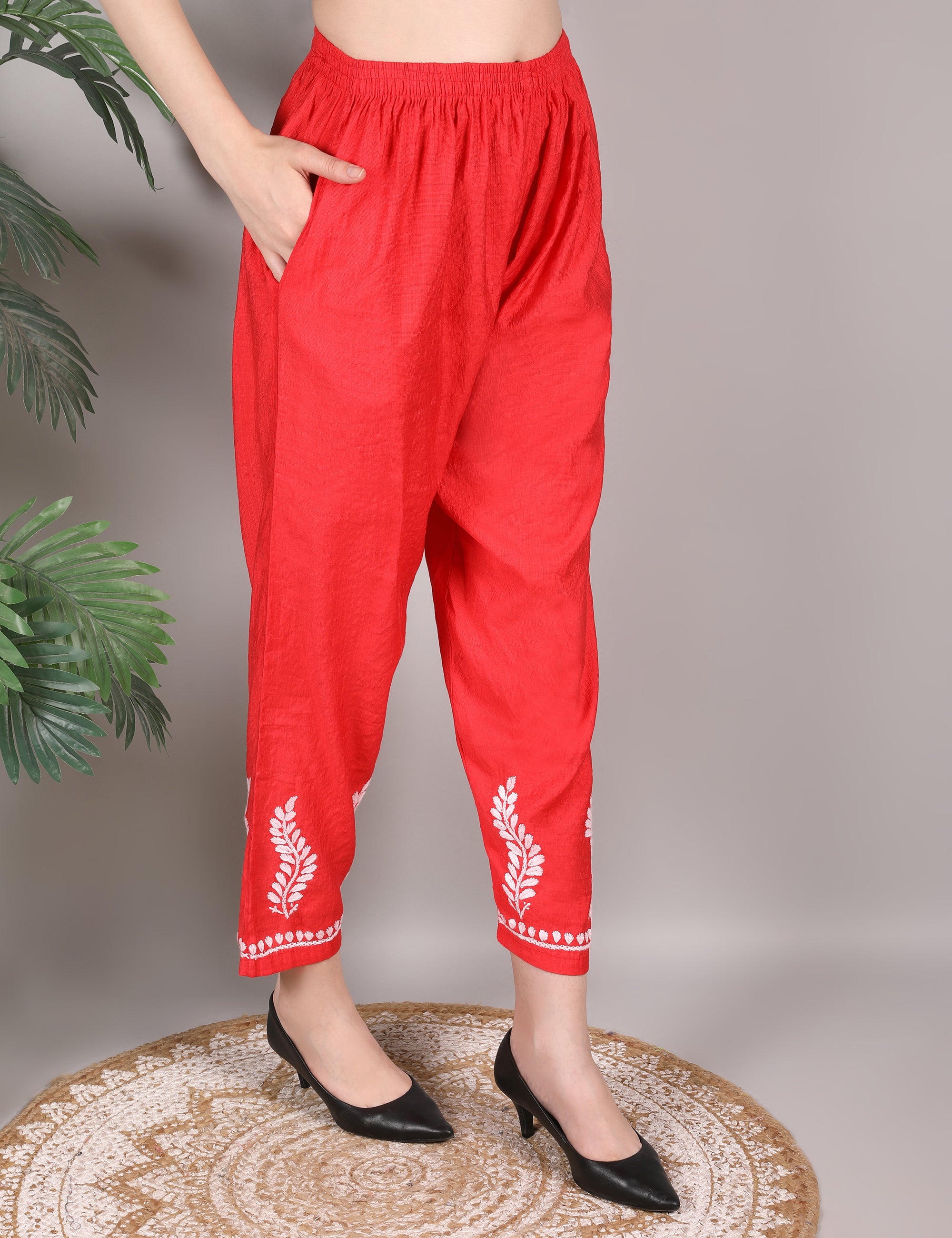 iKRABIB Women's Chikankari Kurti Palazzo Set, Pink with White Floral Design, 3/4 Sleeves