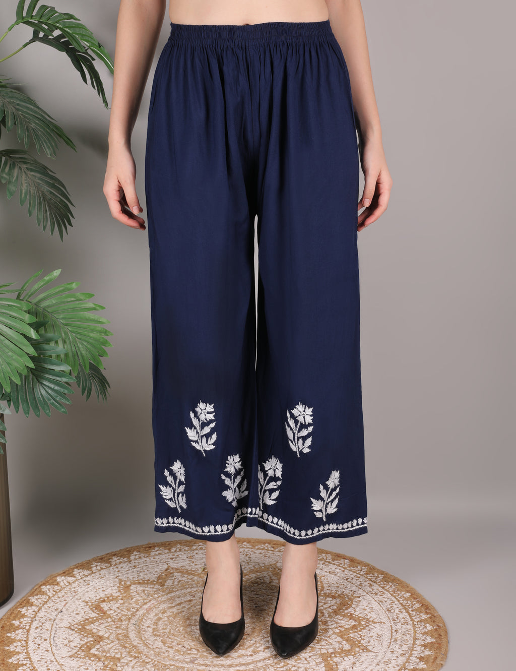 iKRABIB Women's Chikankari Kurti Palazzo Set, Blue with White Floral Design, 3/4 Sleeves