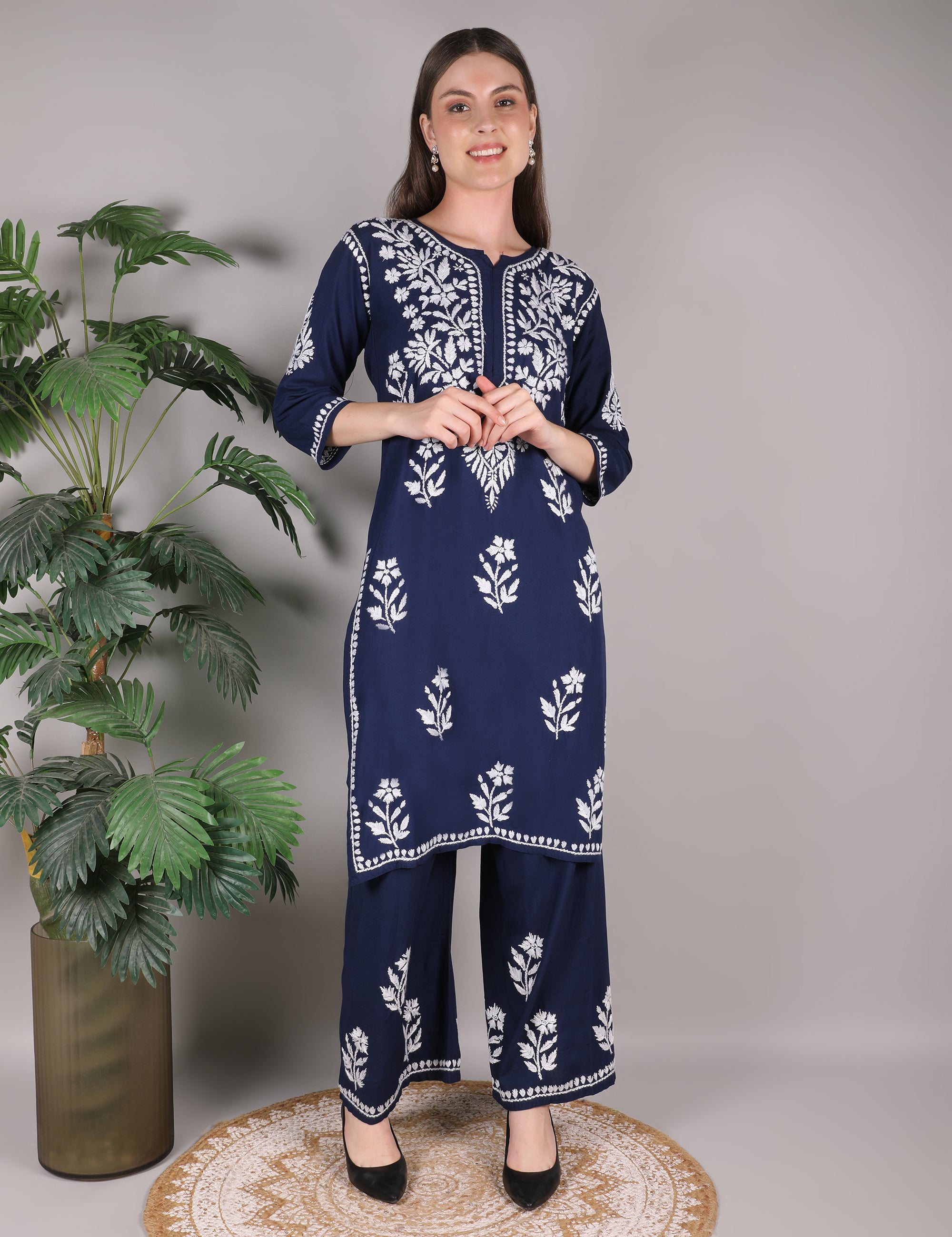 iKRABIB Women's Chikankari Kurti Palazzo Set, Blue with White Floral Design, 3/4 Sleeves