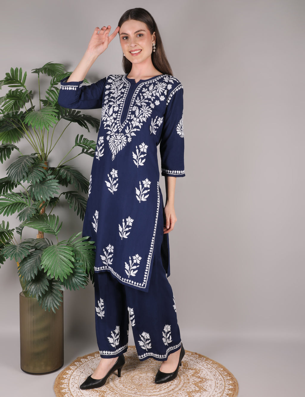 iKRABIB Women's Chikankari Kurti Palazzo Set, Blue with White Floral Design, 3/4 Sleeves