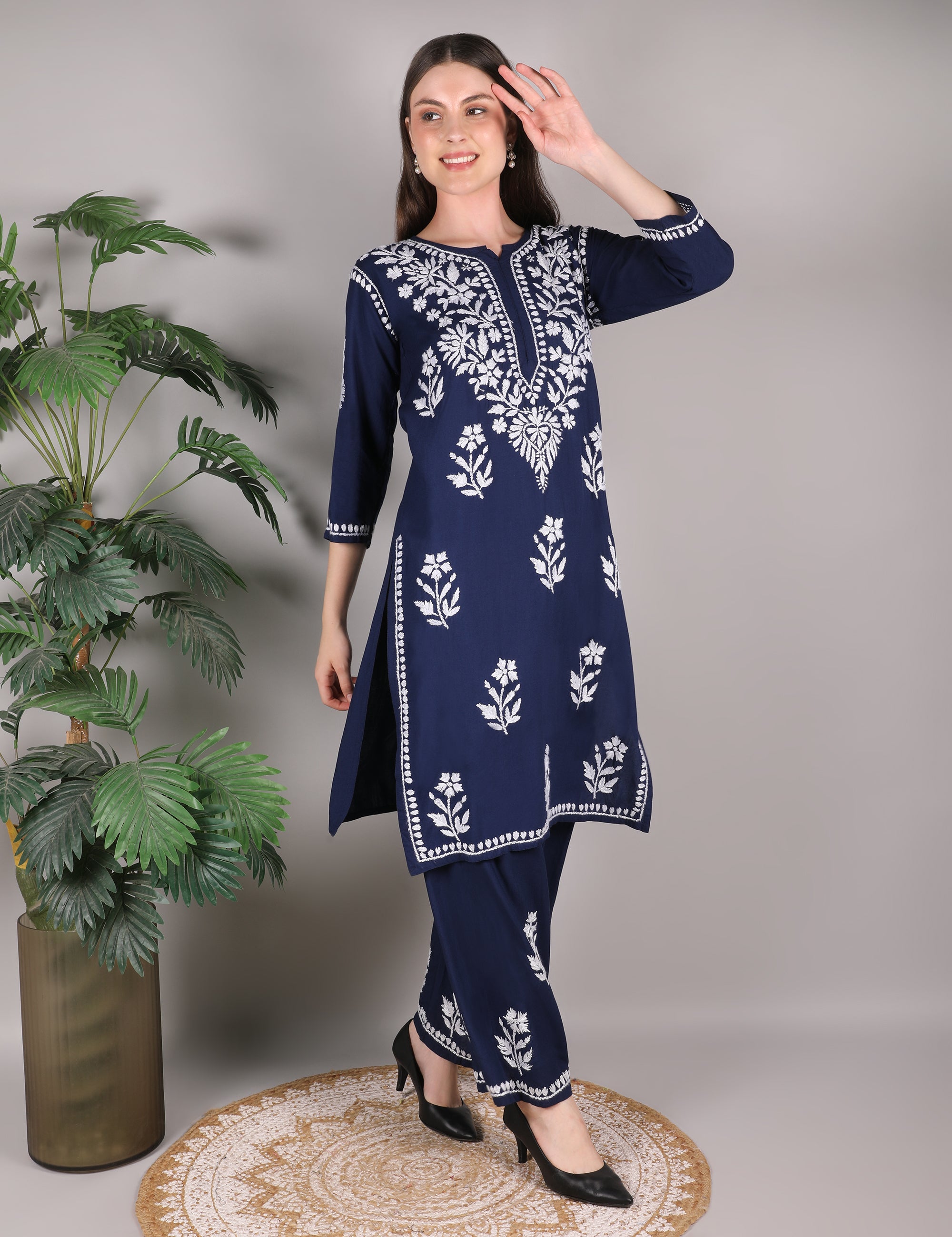 iKRABIB Women's Chikankari Kurti Palazzo Set, Blue with White Floral Design, 3/4 Sleeves