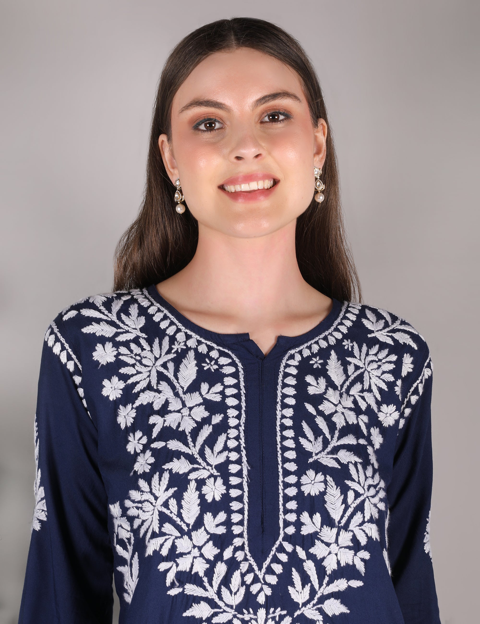 iKRABIB Women's Chikankari Kurti Palazzo Set, Blue with White Floral Design, 3/4 Sleeves