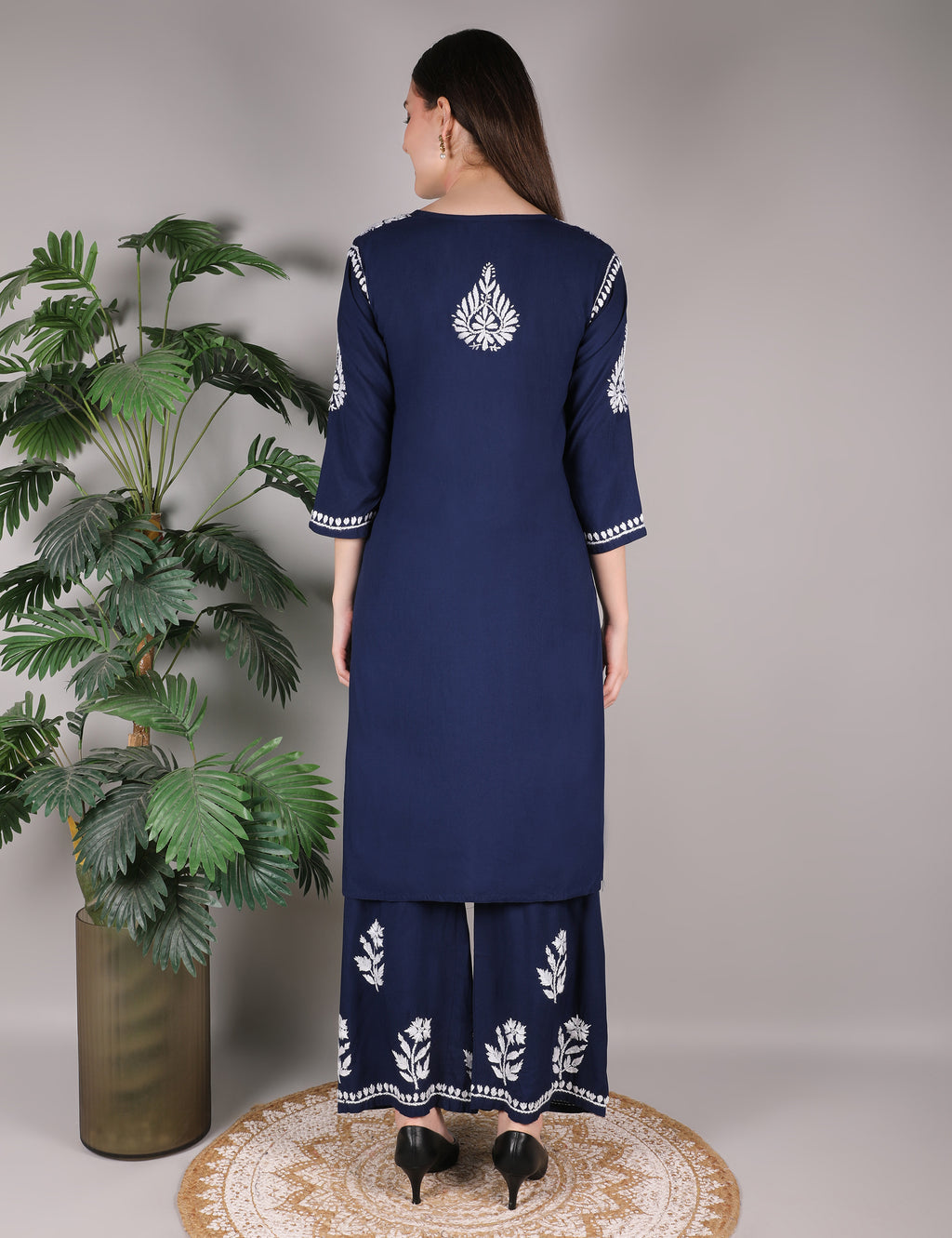 iKRABIB Women's Chikankari Kurti Palazzo Set, Blue with White Floral Design, 3/4 Sleeves