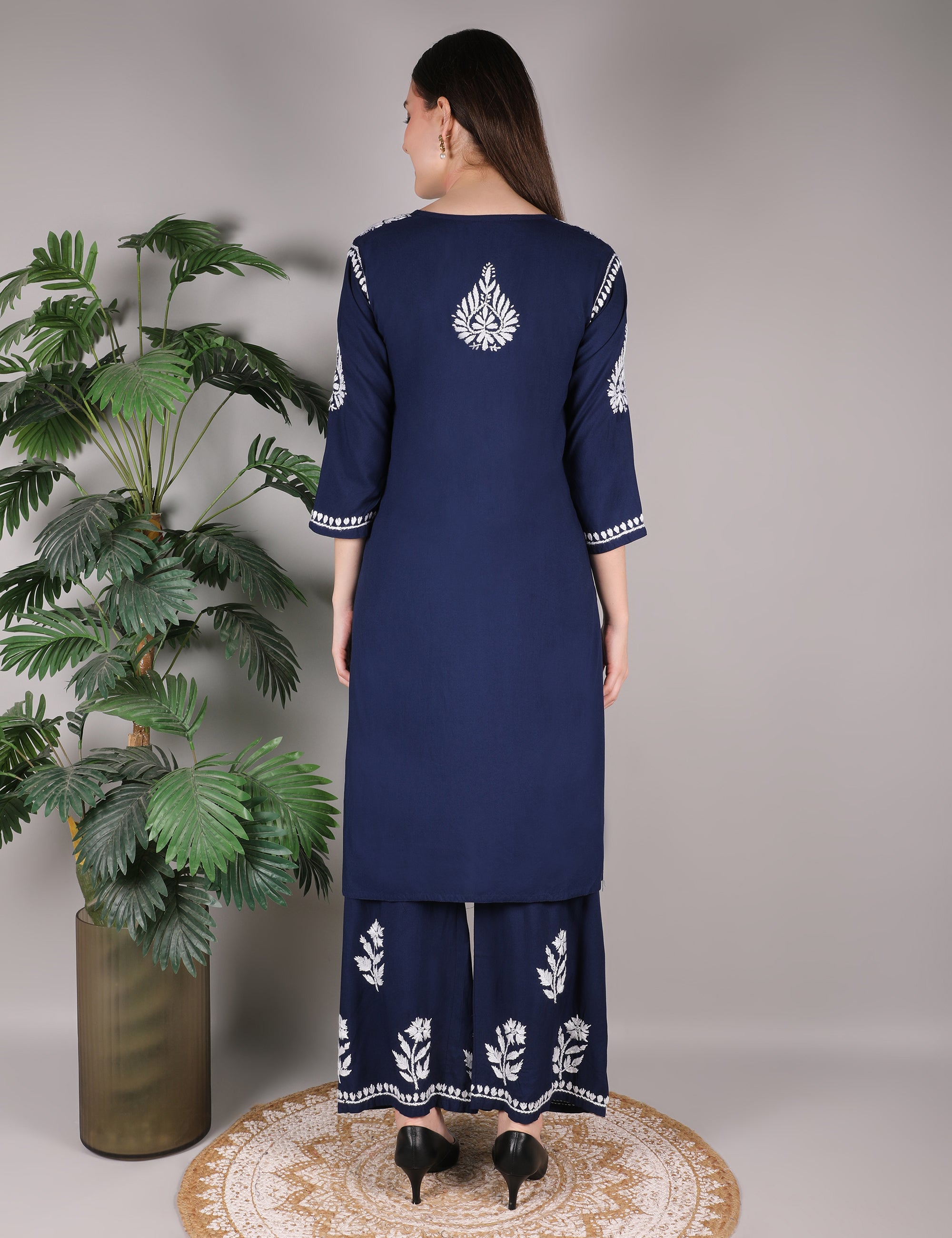 iKRABIB Women's Chikankari Kurti Palazzo Set, Blue with White Floral Design, 3/4 Sleeves