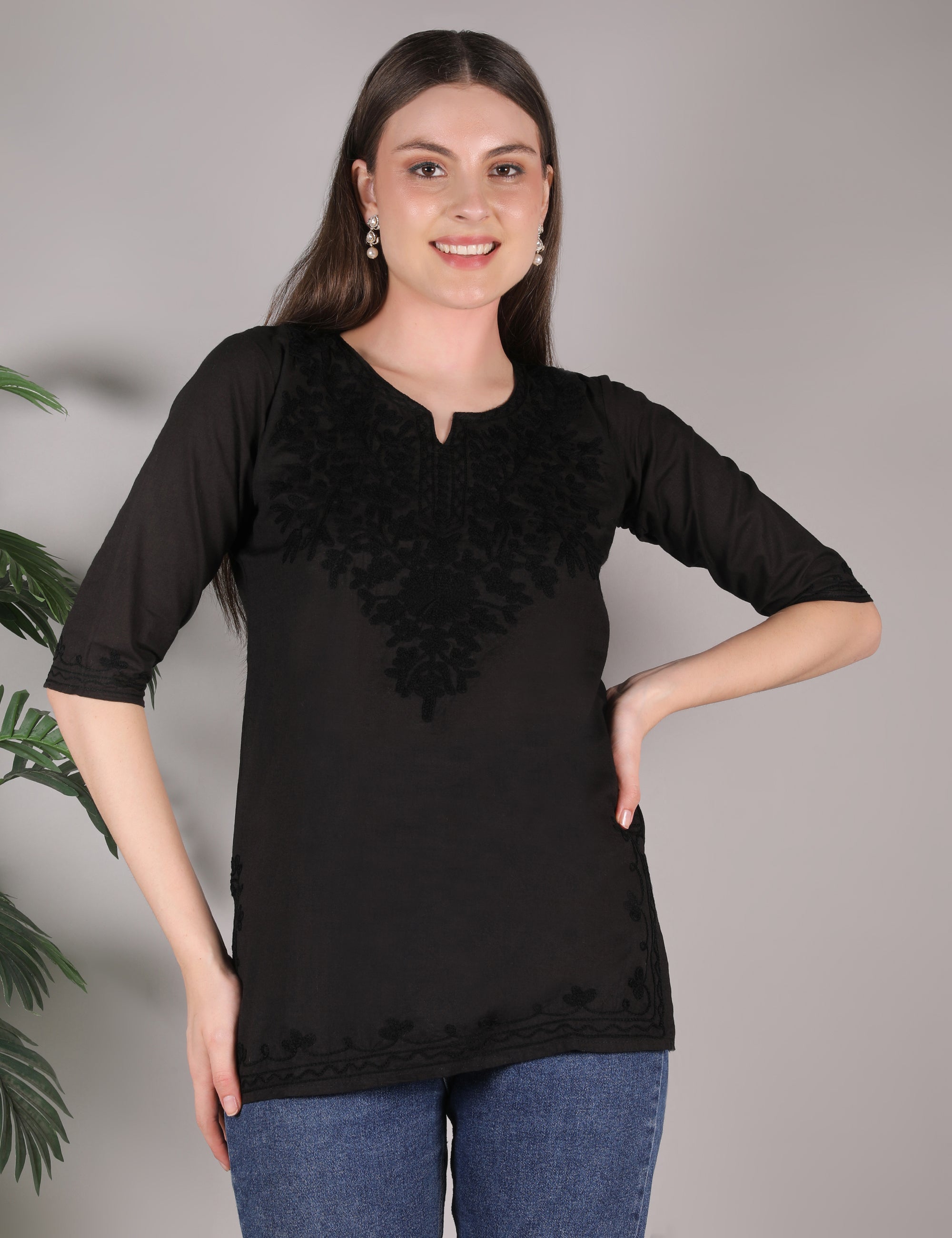Women Cotton Kashmiri Embriodered Short Regular Fit Kurti