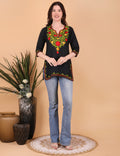 Women Traditional Kashmiri Short Kurti with Floral Embroidery, 3/4 Sleeves, Ethnic Wear