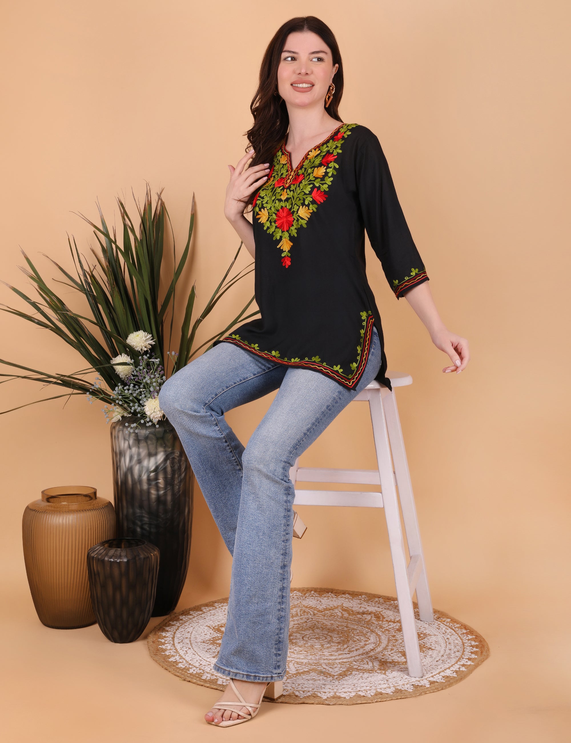 Women Traditional Kashmiri Short Kurti with Floral Embroidery, 3/4 Sleeves, Ethnic Wear