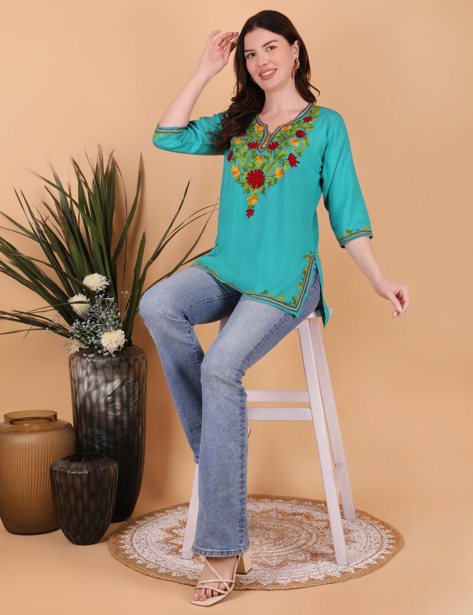 Women Ryon Kashmiri Embriodered Short Regular Fit Kurti