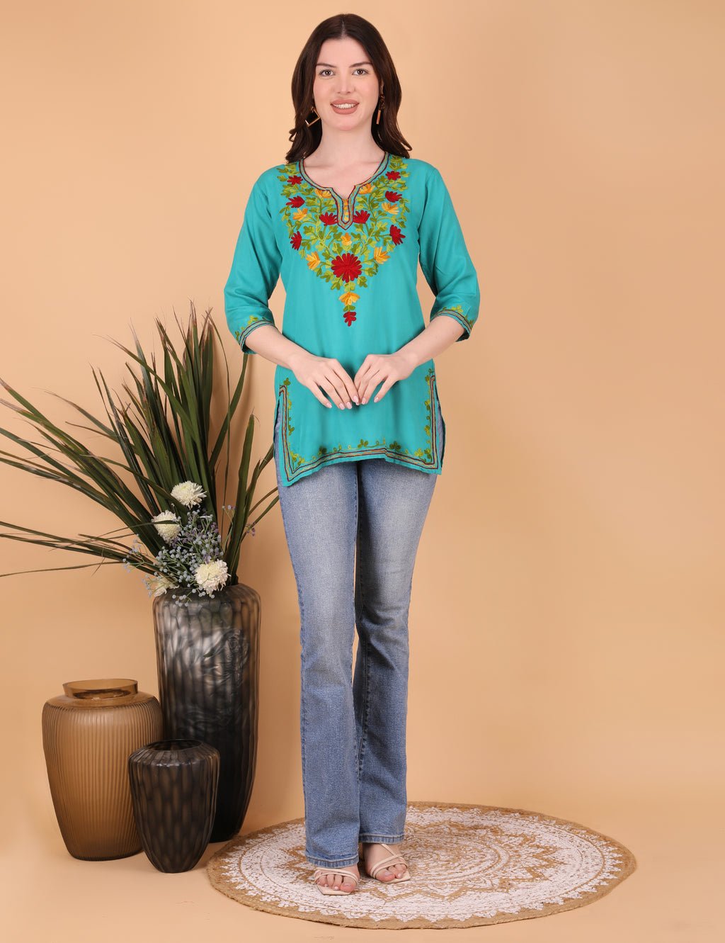 Women Ryon Kashmiri Embriodered Short Regular Fit Kurti