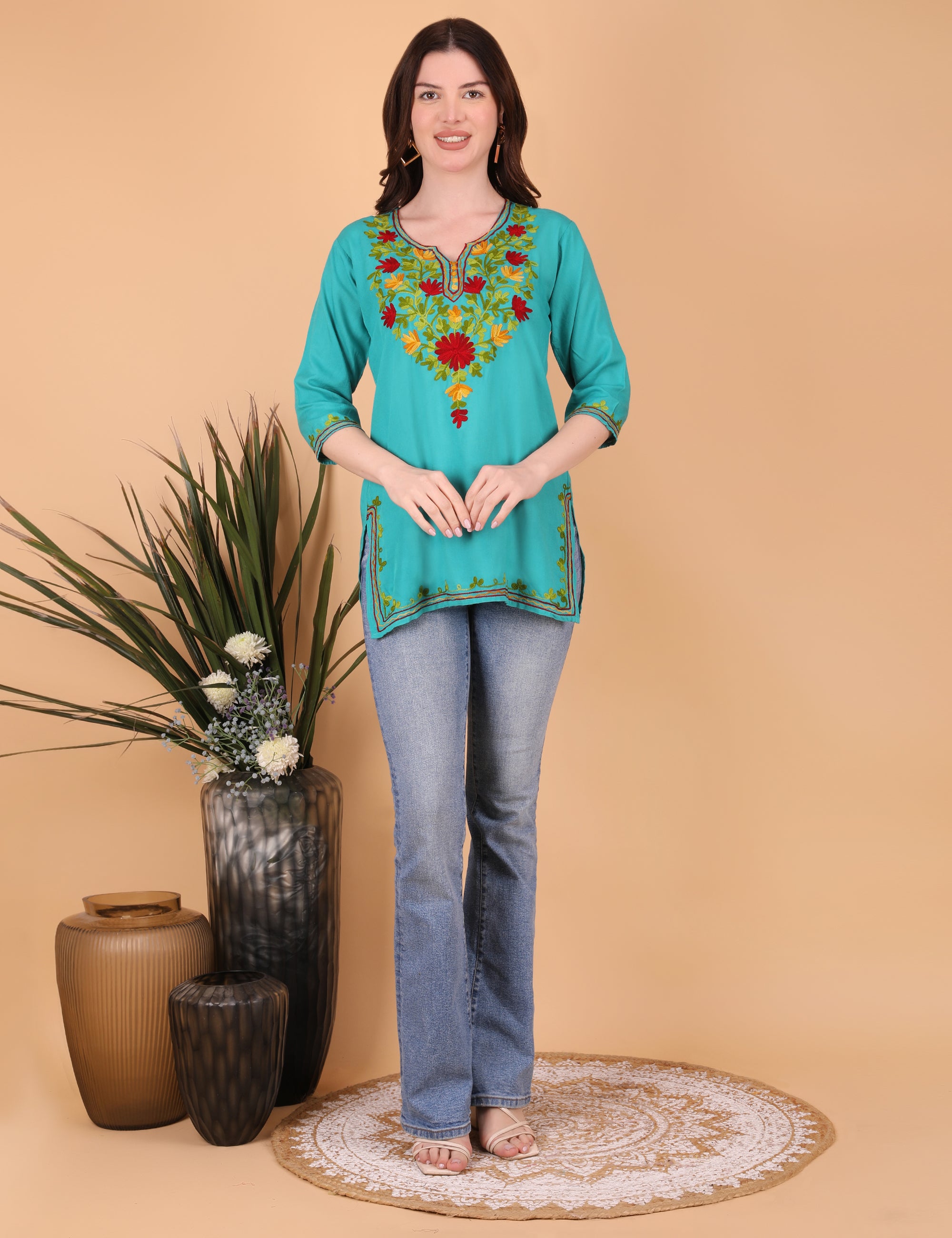 Women Ryon Kashmiri Embriodered Short Regular Fit Kurti