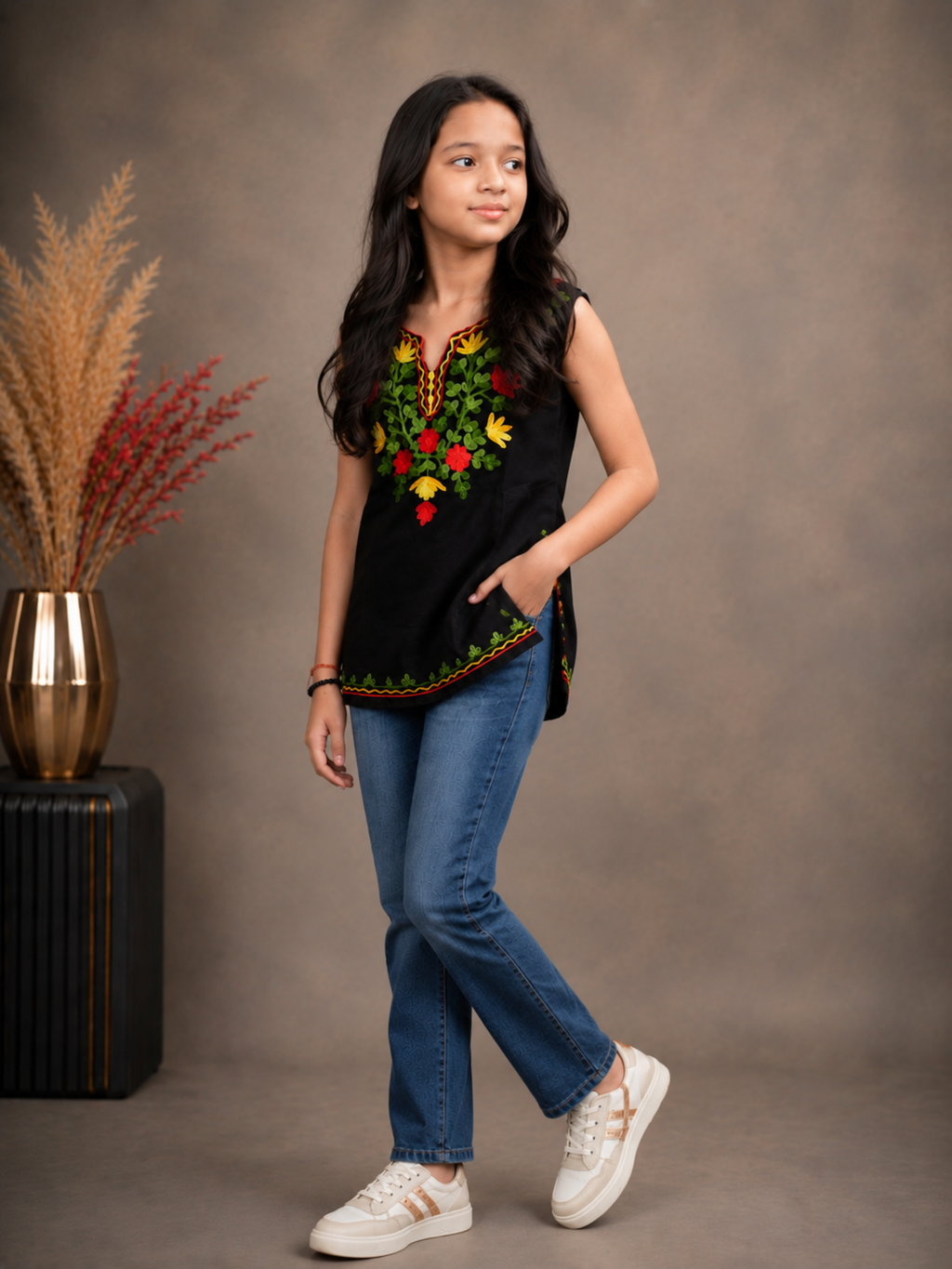 Kids Traditional Kashmiri Kurti with Floral Embroidery, Sleeveless, Ethnic Wear